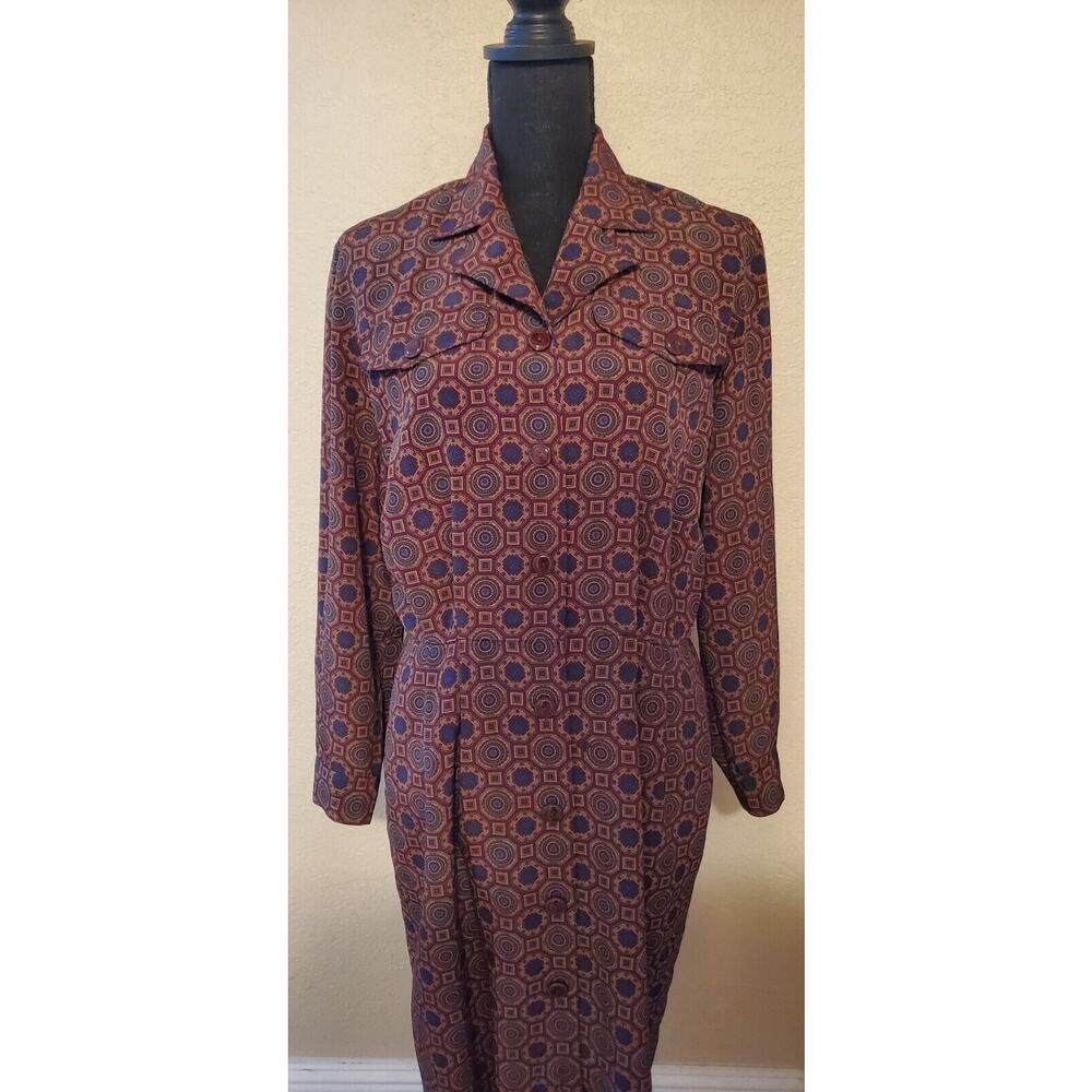 Vintage Talbots Longsleeve Geo Print Dress Sz 10 Button up Classic Pockets